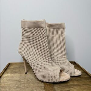 Cuccoo Beige mesh peep-toe sock boots with a stiletto high heel.